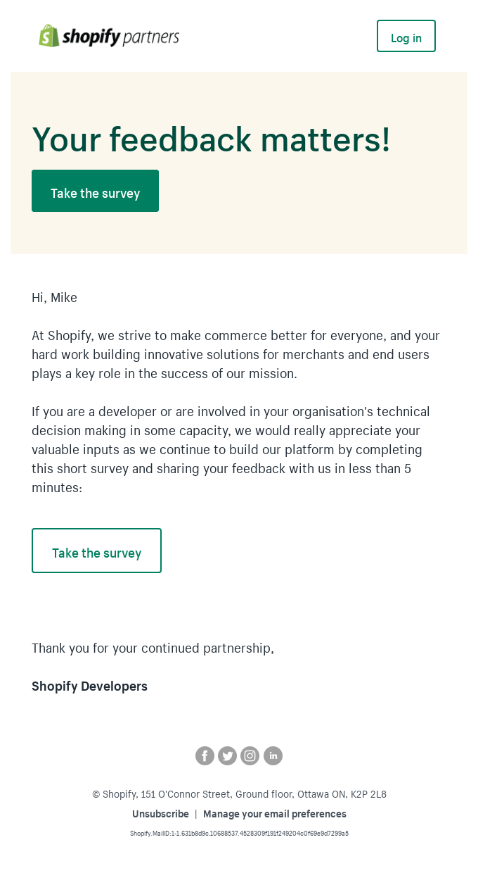 Shopify's feedback collection email